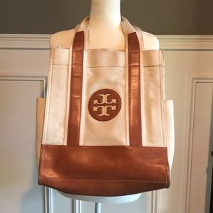 Tory Burch Cream Canvas + Leather Tote